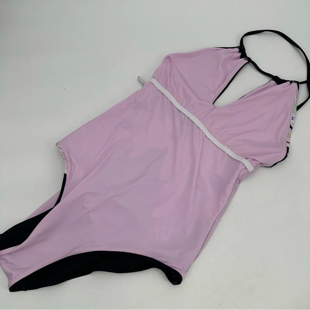 Trina Turk Swimsuit Seychelles Print Black No Size Tag Halter 1 Pc Low Back READ